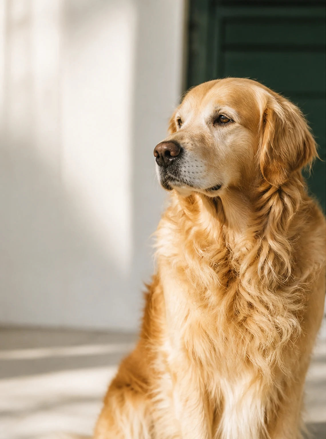 Golden retriever sitting calmly in warm morning light