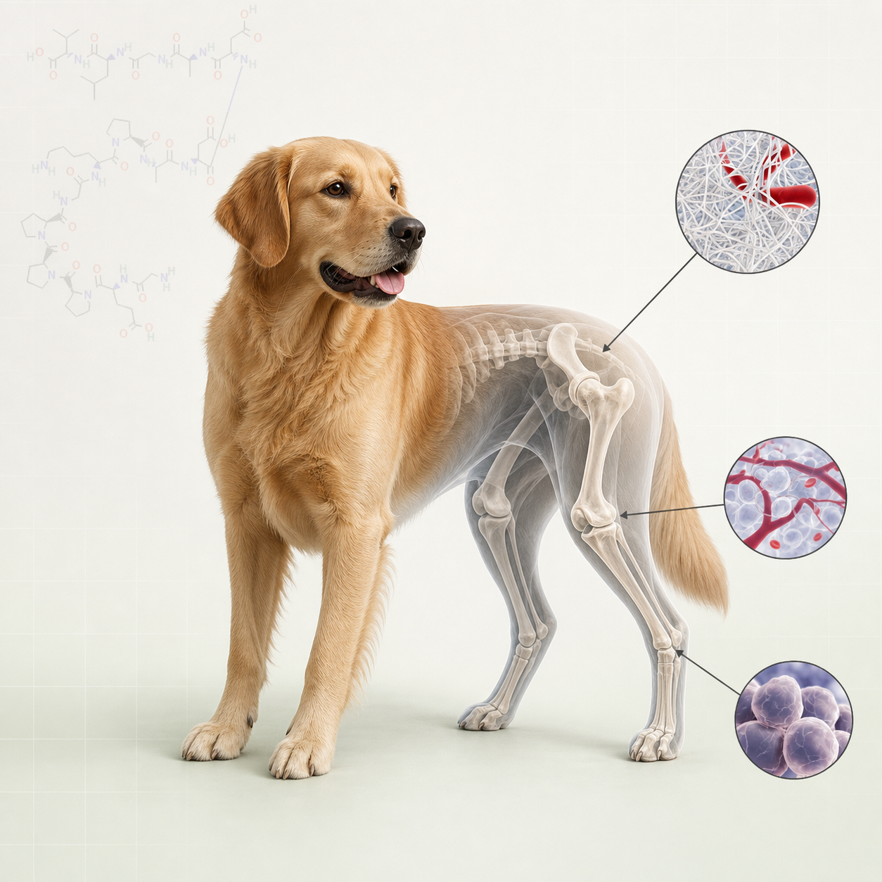 Veterinary research illustration of a dog with X-ray hind legs, repair pathway callouts, and a subtle BPC-157 molecular structure