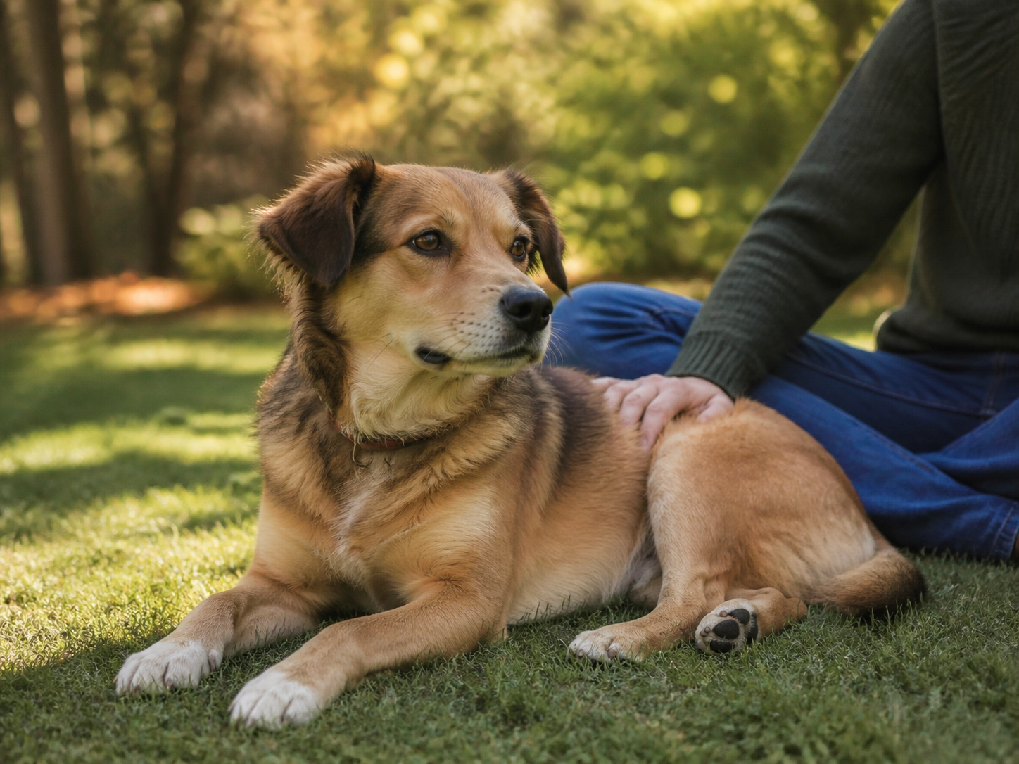 Dog resting comfortably on a lawn while recovering with its owner nearby