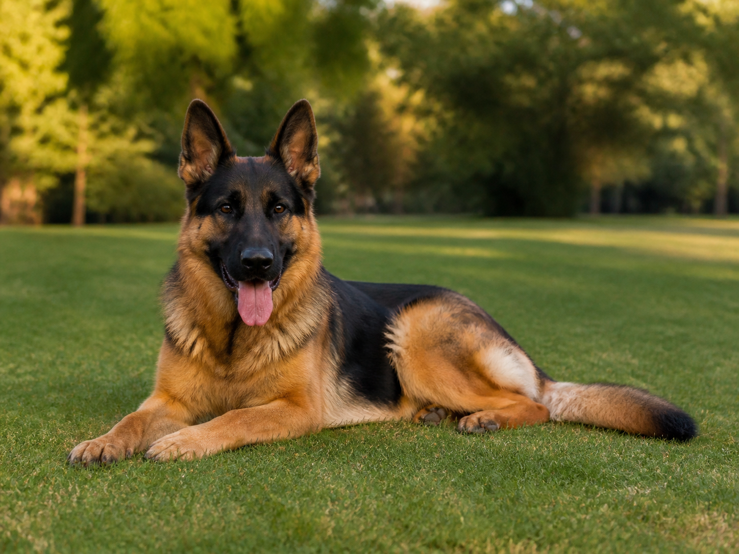 Large German Shepherd resting comfortably on a green lawn