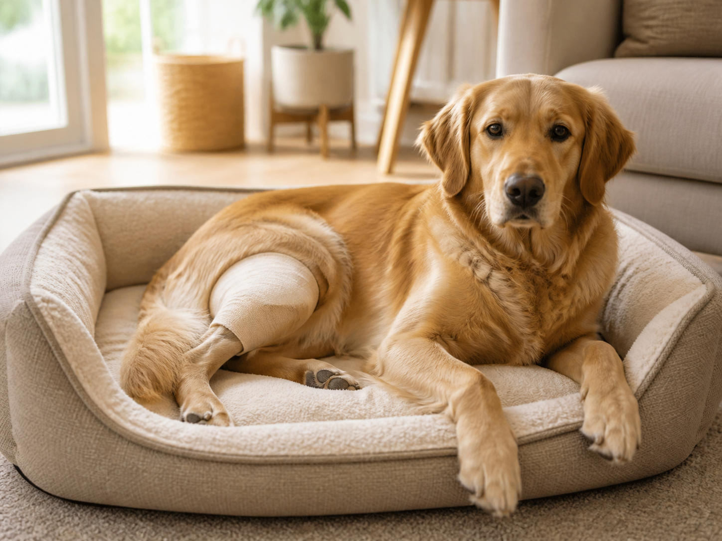 Dog resting comfortably in a bed at home with a clean bandage around a hind leg