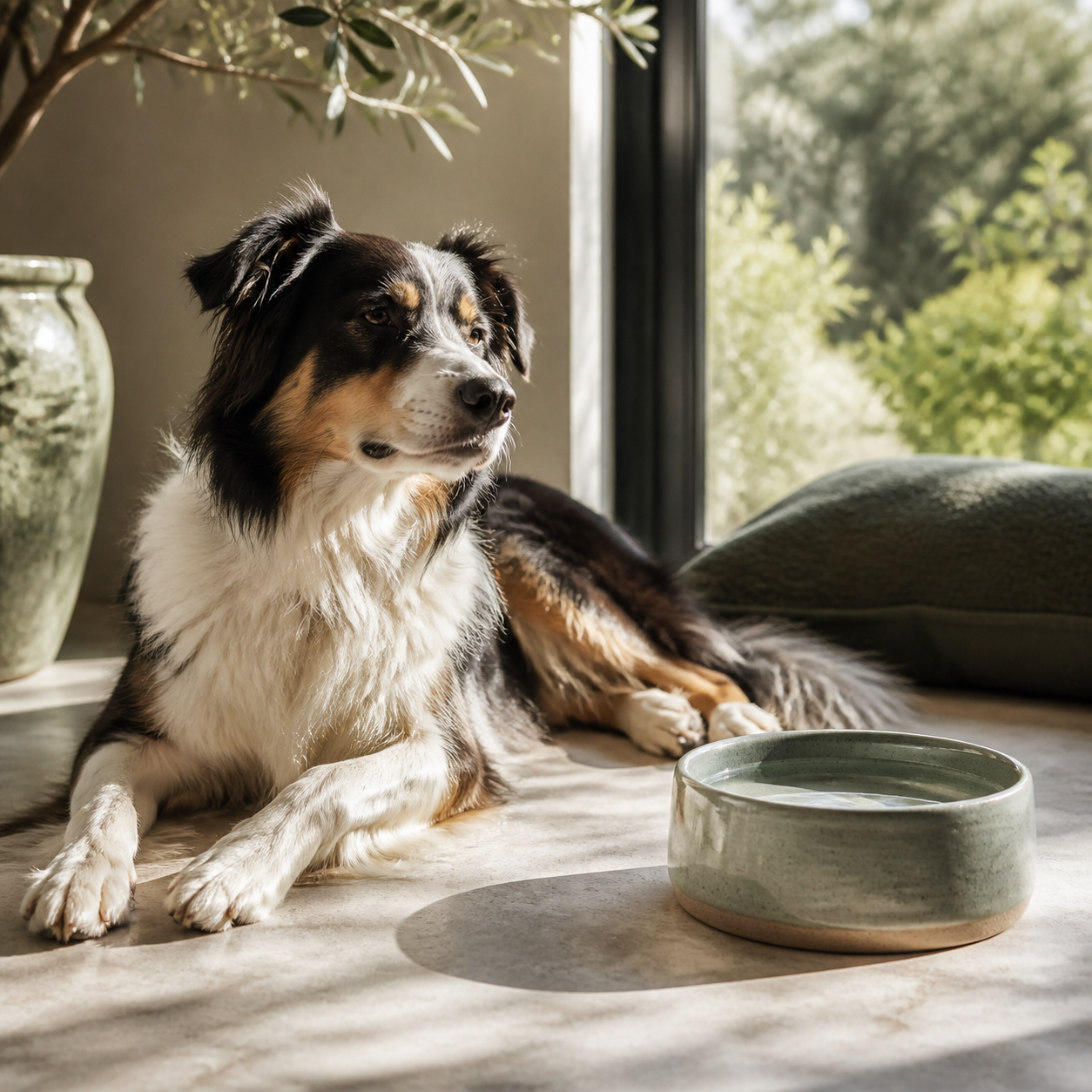 A relaxed dog resting beside a water bowl