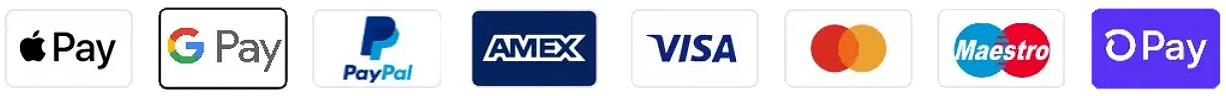 Apple Pay, Google Pay, PayPal, American Express, Visa, Mastercard, Maestro, and Shop Pay accepted