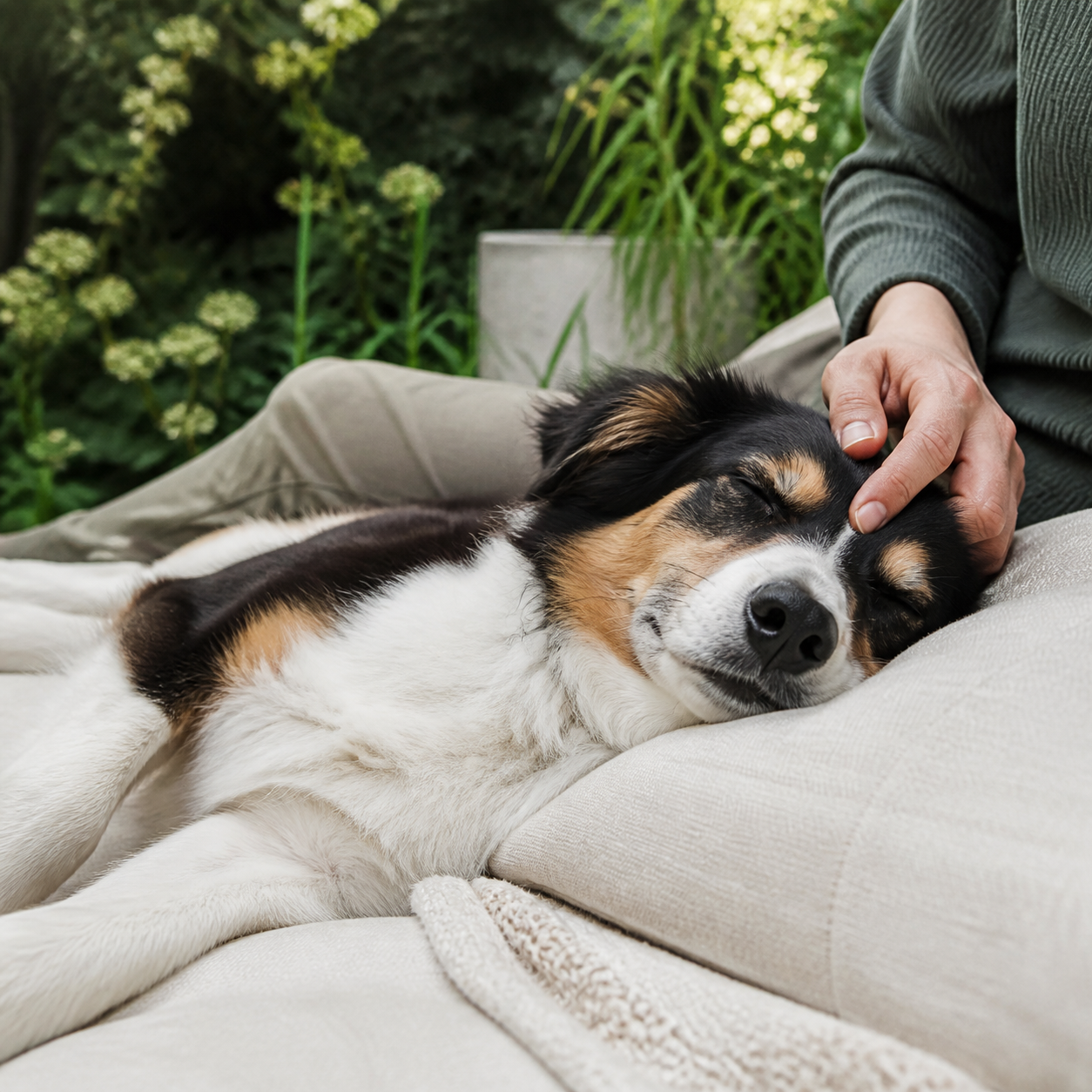 A relaxed dog being gently stroked outdoors